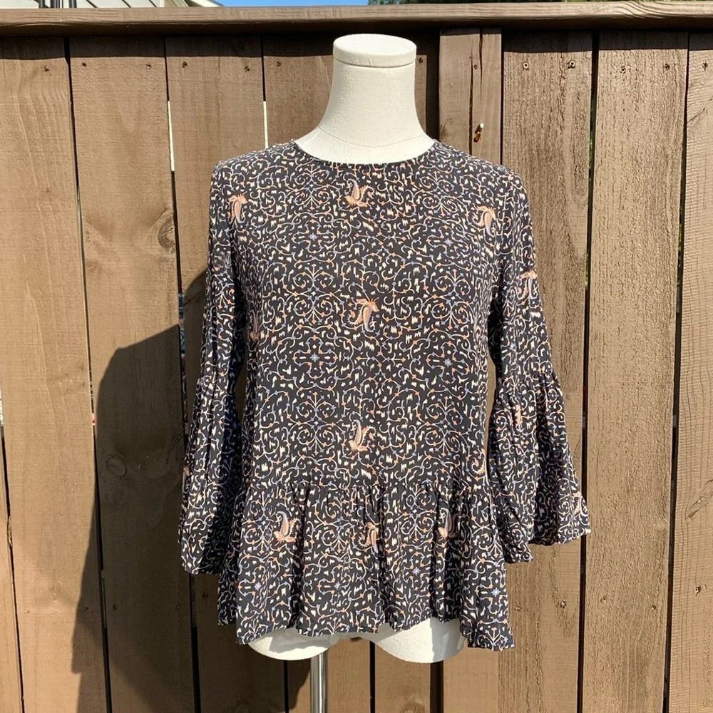 Madewell Silk Fiesta Paisley Peplum Blouse Bell-Sleeve Style G1463 size small